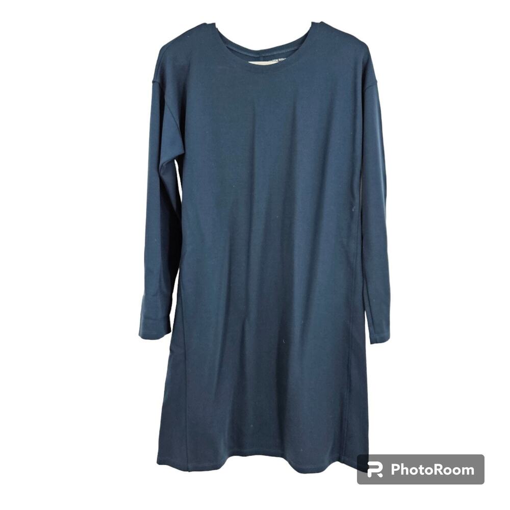 Eileen Fisher Shift Dress Blue Crewneck Stretch Jersey Knit Long Sleeve Size XXS